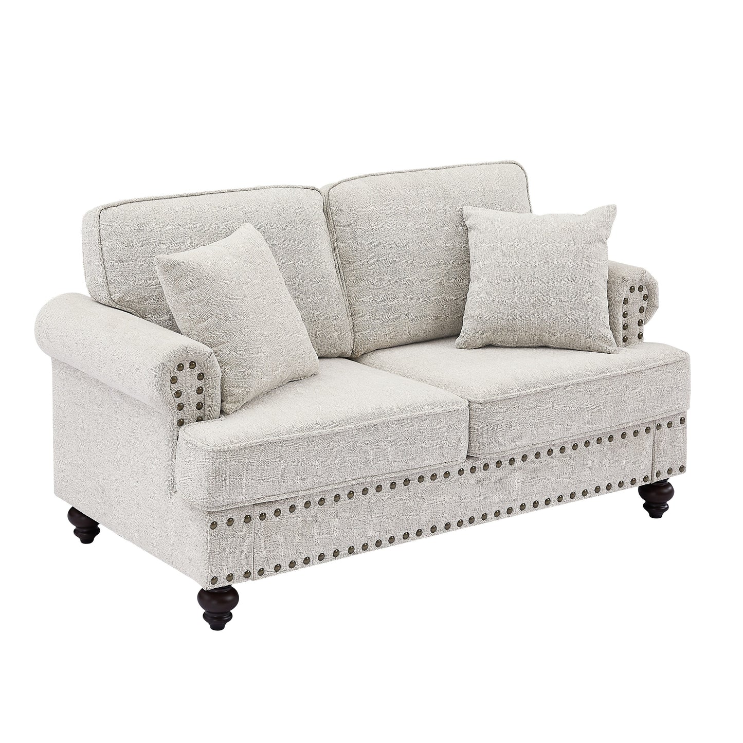 White 61'' Modern 2-Seater Sofa with Nailhead Trim, Pillows, and High-Density Cushions
