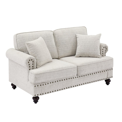White 61'' Modern 2-Seater Sofa with Nailhead Trim, Pillows, and High-Density Cushions