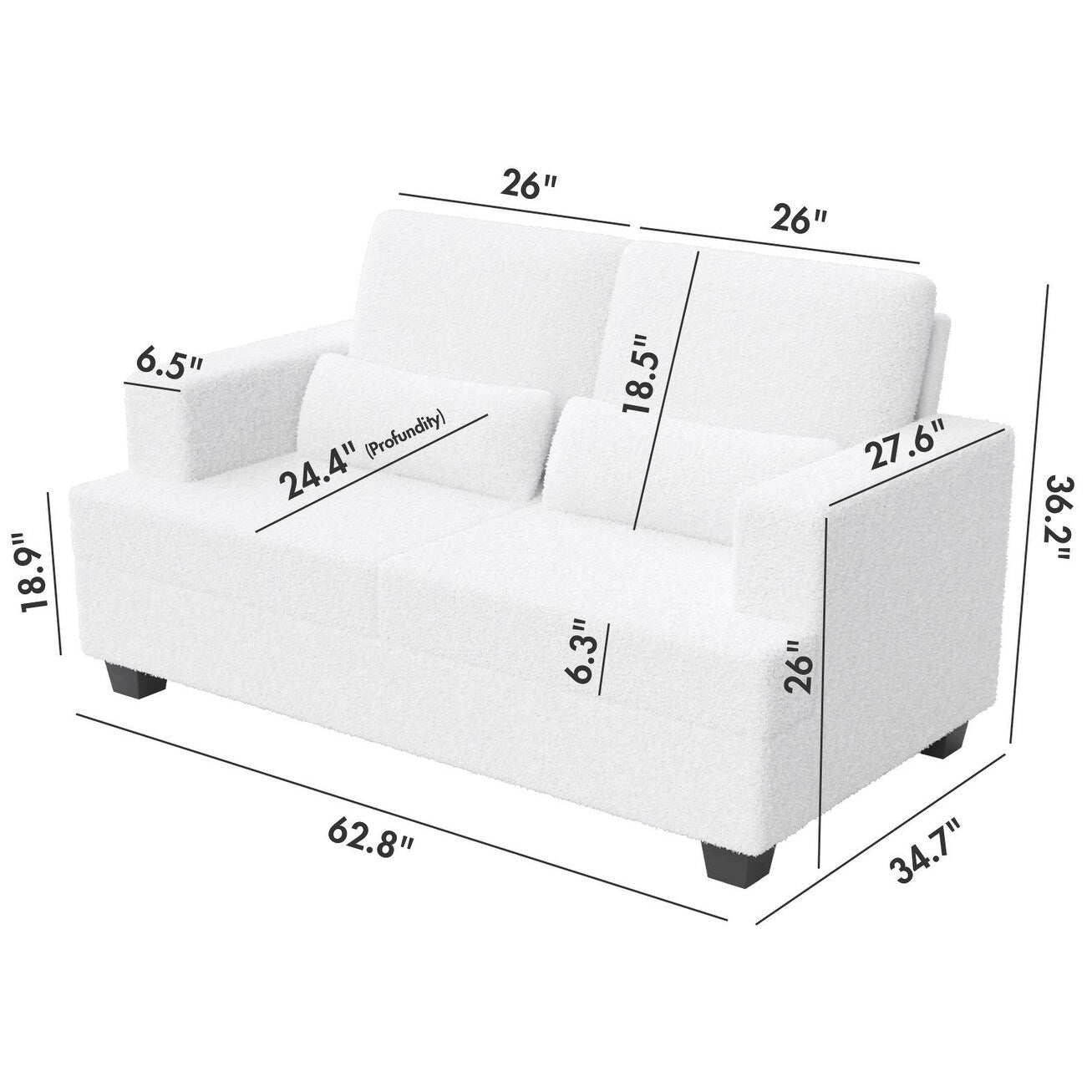 White 63'' Fabric 2-Seater Sofa with Deep Seating and 3 Pillows