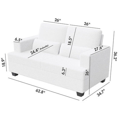 White 63'' Fabric 2-Seater Sofa with Deep Seating and 3 Pillows