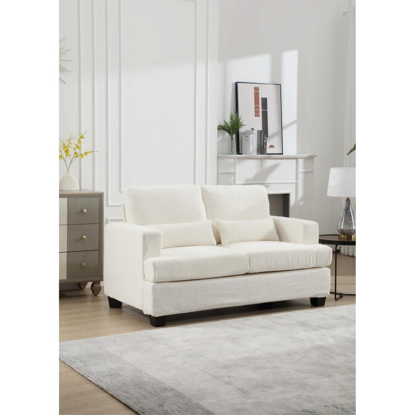 White 63'' Fabric 2-Seater Sofa with Deep Seating and 3 Pillows