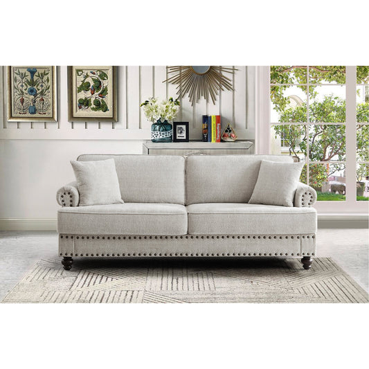 White 82'' Modern 2-Seater Upholstered Sofa with Nailhead Trim, Pillows, and Sponge Cushions