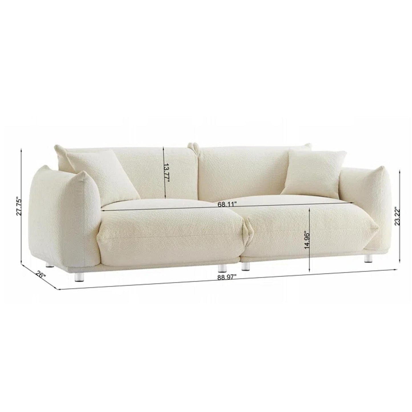 White 87'' Modern 3-Seater Lamb Wool Sofa with Plush Cushions, Solid Wood Frame, and Metal Legs