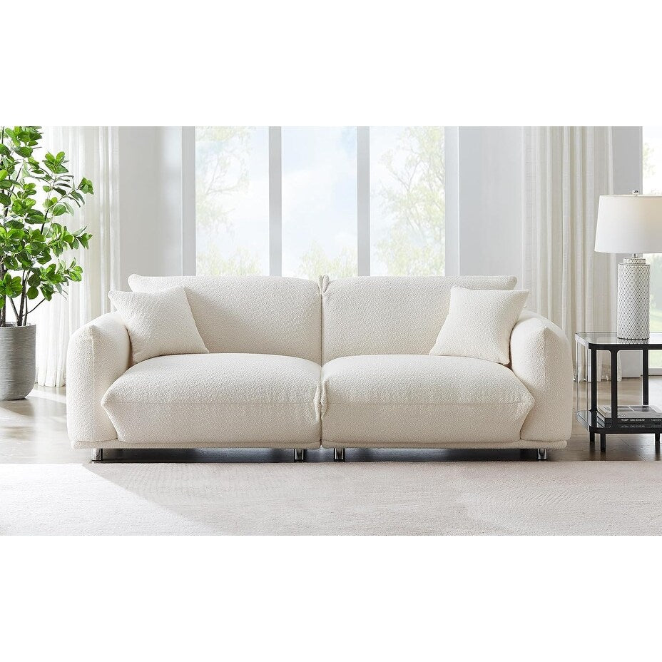 White 87'' Modern 3-Seater Lamb Wool Sofa with Plush Cushions, Solid Wood Frame, and Metal Legs