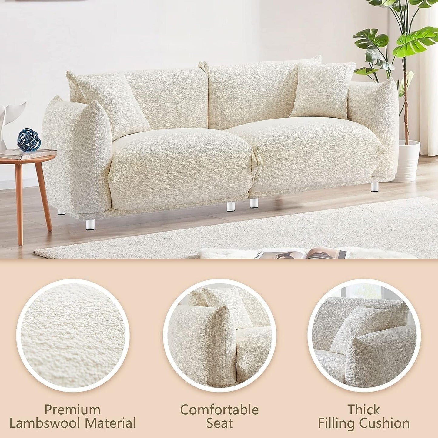 White 87'' Modern 3-Seater Lamb Wool Sofa with Plush Cushions, Solid Wood Frame, and Metal Legs
