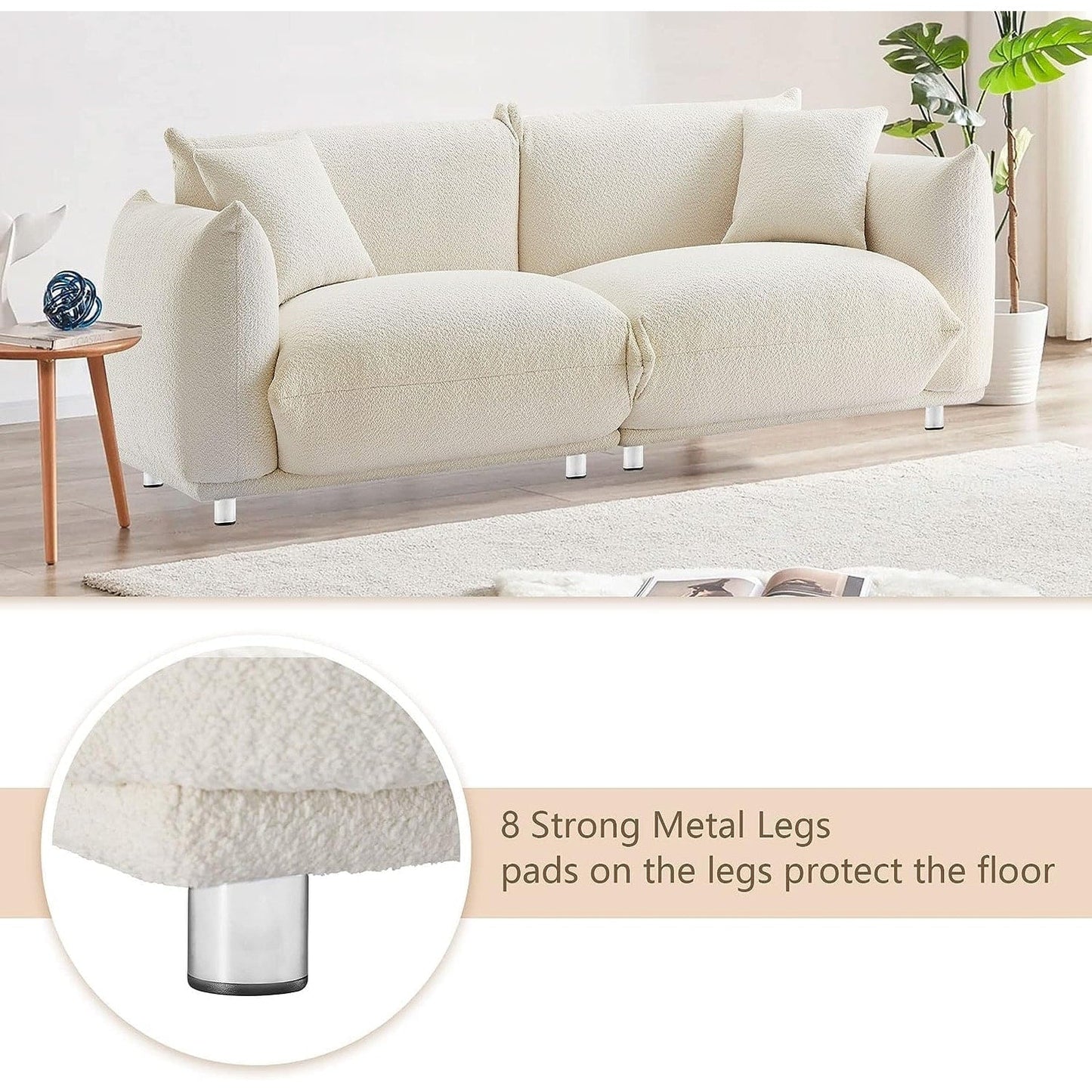 White 87'' Oversized Loveseat Sofa Couch with Metal Legs, Solid Wood Frame, 2 Pillows, Plush and Durable