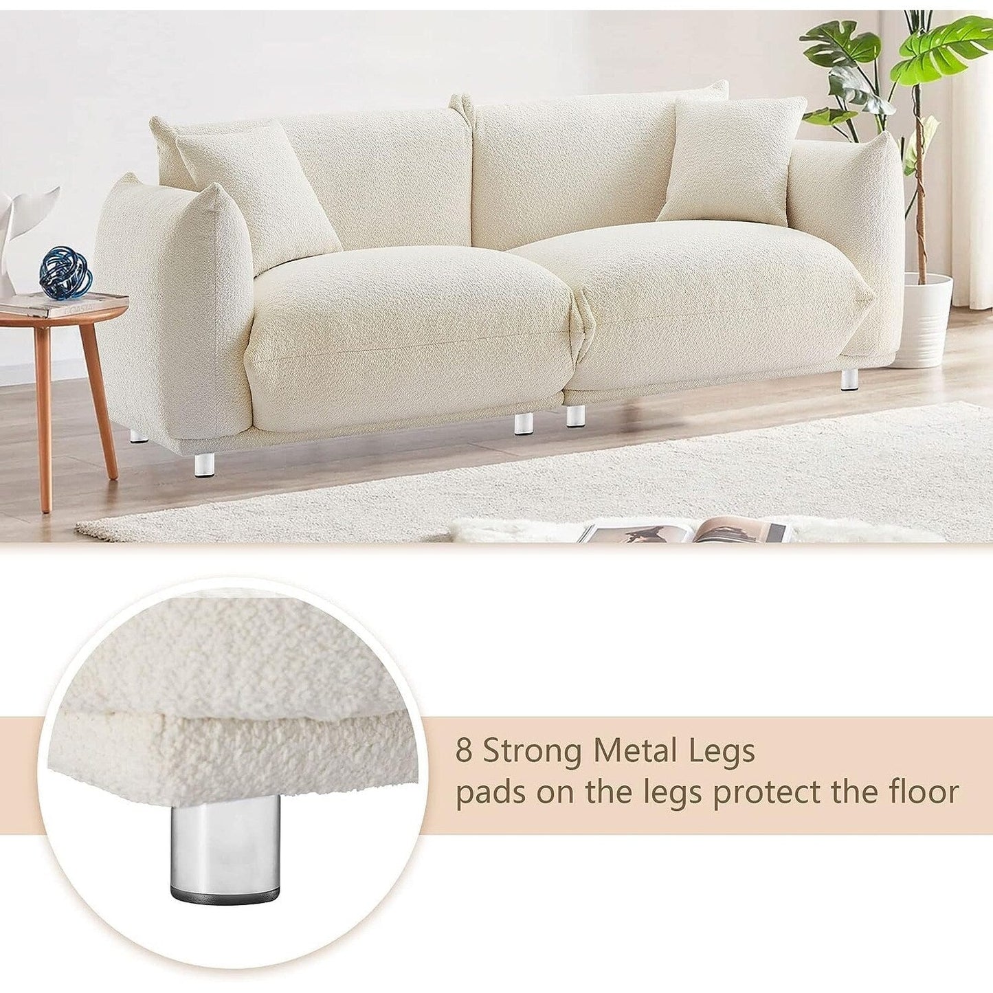 White 87'' Oversized Loveseat with Metal Legs, Solid Wood Frame, and 2 Pillows