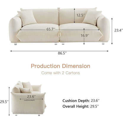 White 87'' Oversized Loveseat with Metal Legs, Solid Wood Frame, and 2 Pillows