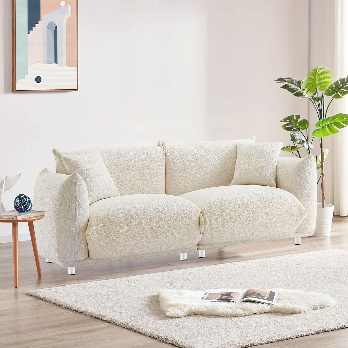 White 87'' Oversized Loveseat with Metal Legs, Solid Wood Frame, and 2 Pillows