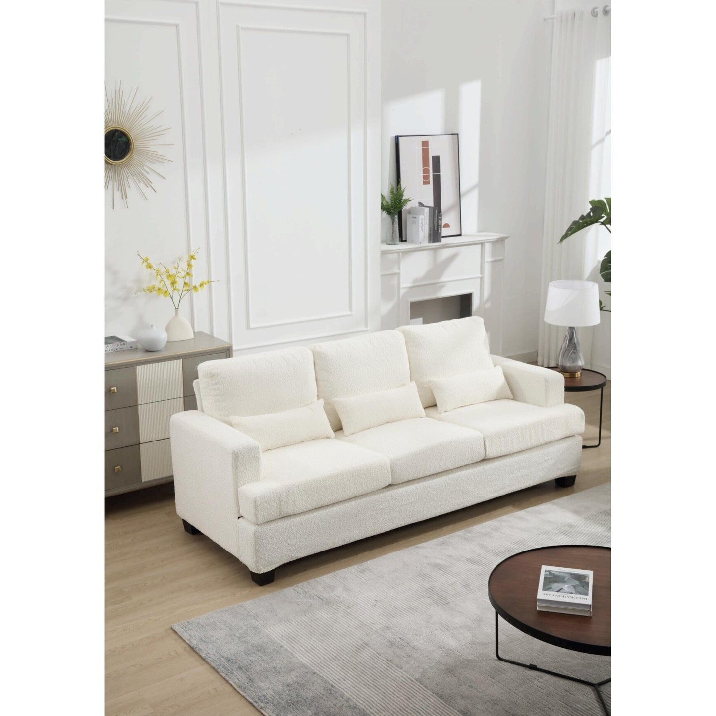 White 88.4 Fabric Modern 3-Seater Sofa Couch Sofa, with 3 Pillows, Removable Back Cushions, Hardwood and Steel Frame
