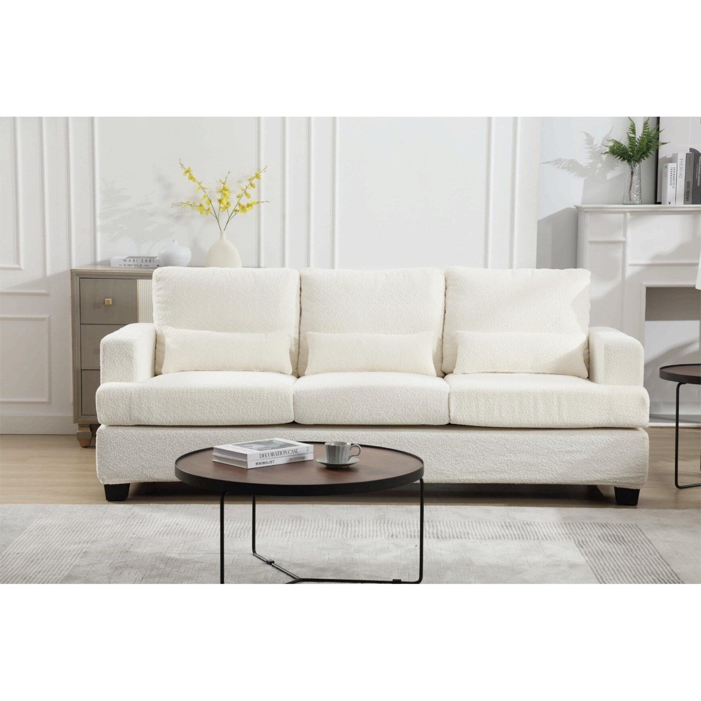 White 88.4'' Fabric 3-Seater Sofa with Removable Back Cushions, Deep Seating, and Sturdy Hardwood-Steel Frame