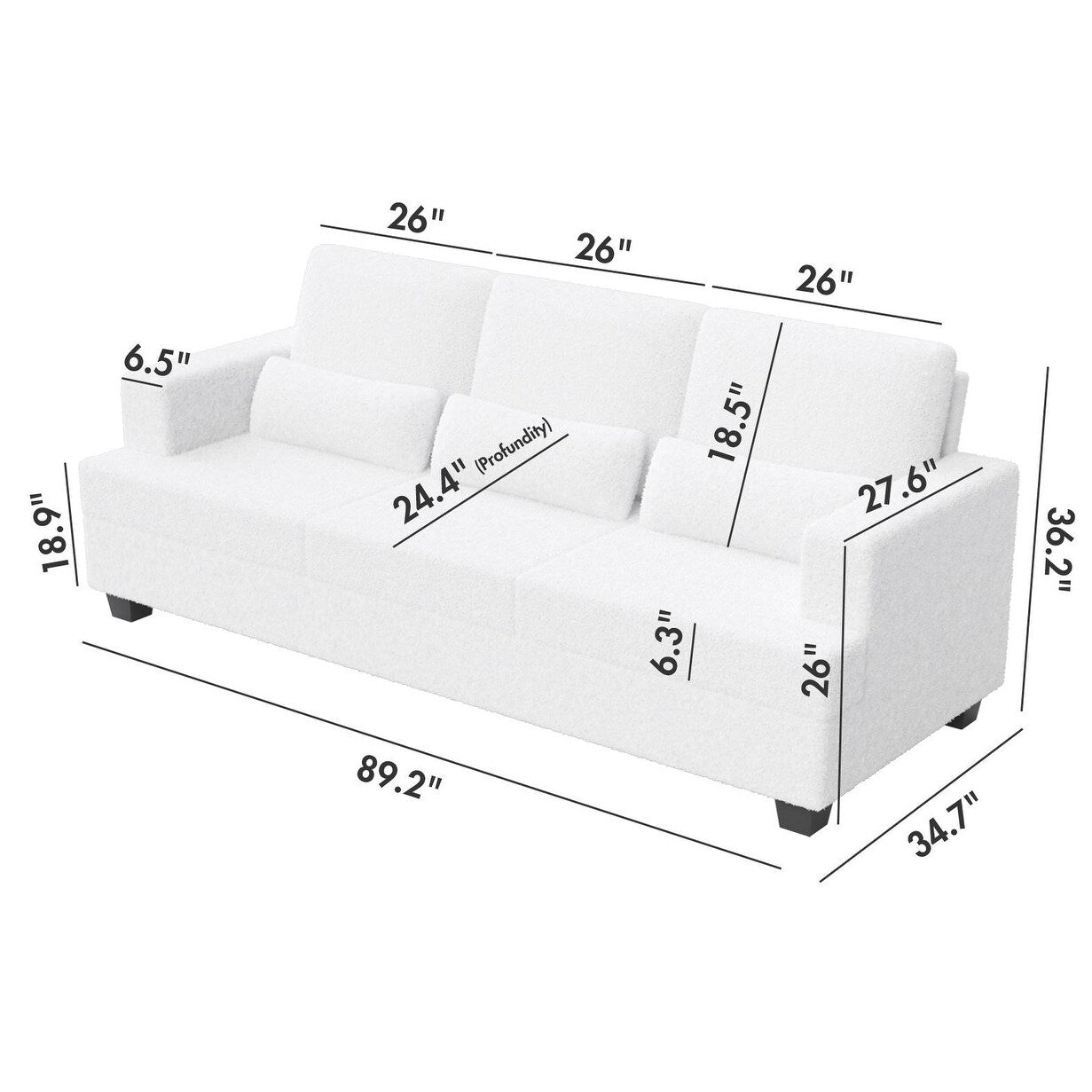 White 88.4'' Fabric 3-Seater Sofa with Removable Back Cushions, Deep Seating, and Sturdy Hardwood-Steel Frame