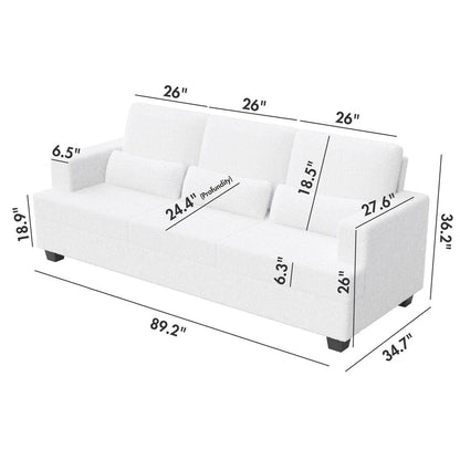 White 88.4'' Fabric 3-Seater Sofa with Removable Back Cushions, Deep Seating, and Sturdy Hardwood-Steel Frame