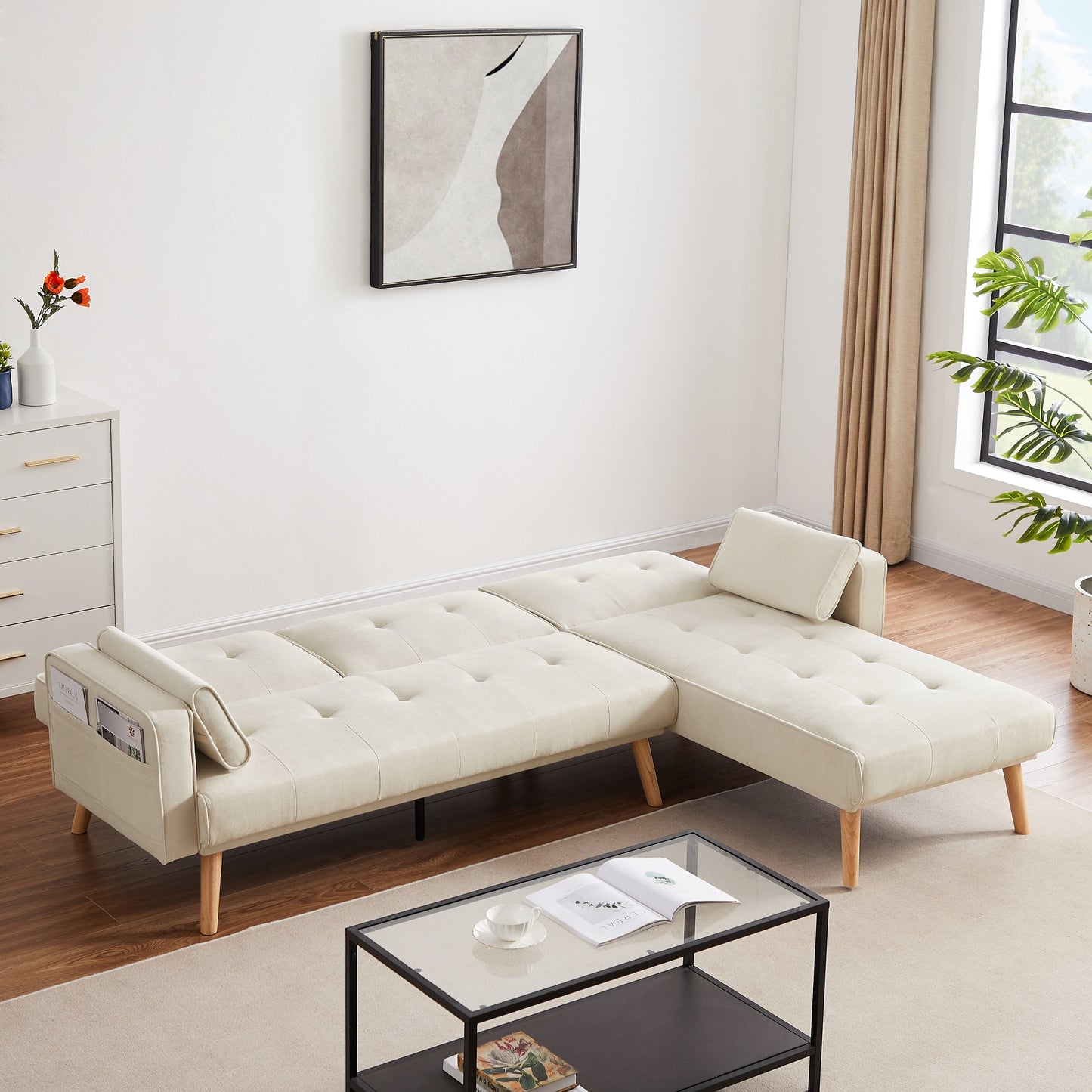 White 94.5'' Linen Convertible 3-Seater Sectional Sofa with Chaise and Organizer Bag