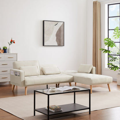 White 94.5'' Linen Convertible 3-Seater Sectional Sofa with Chaise and Organizer Bag