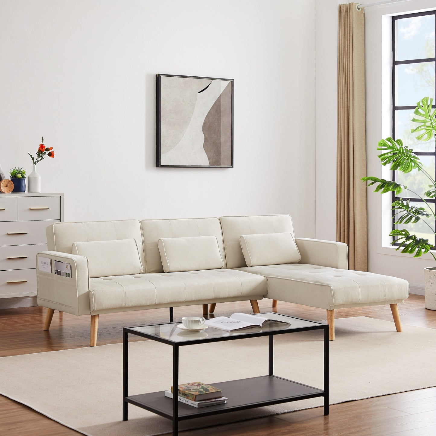 White 94.5'' Linen L-Shaped Convertible Sofa with Storage