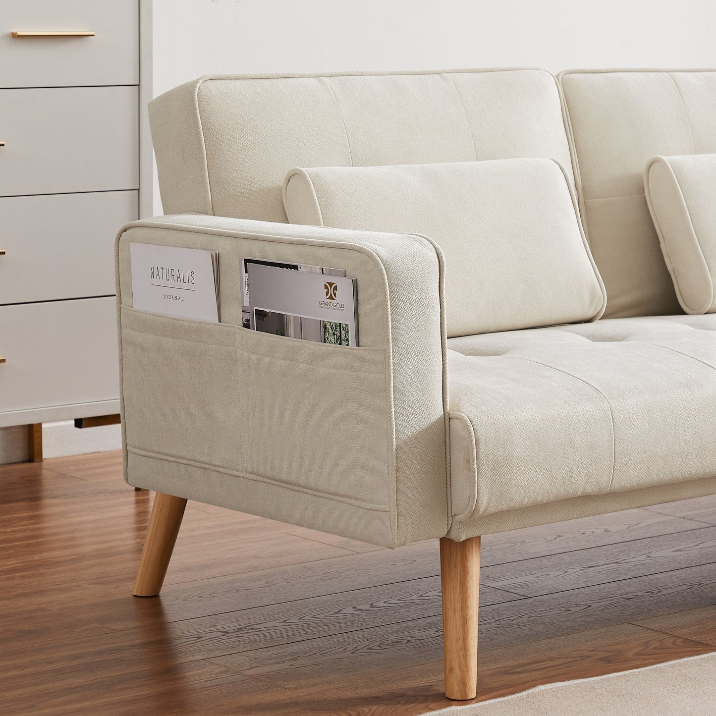 White 94.5'' Linen Sectional Sofa with Right Chaise, Foam Cushions, and Storage Pocket