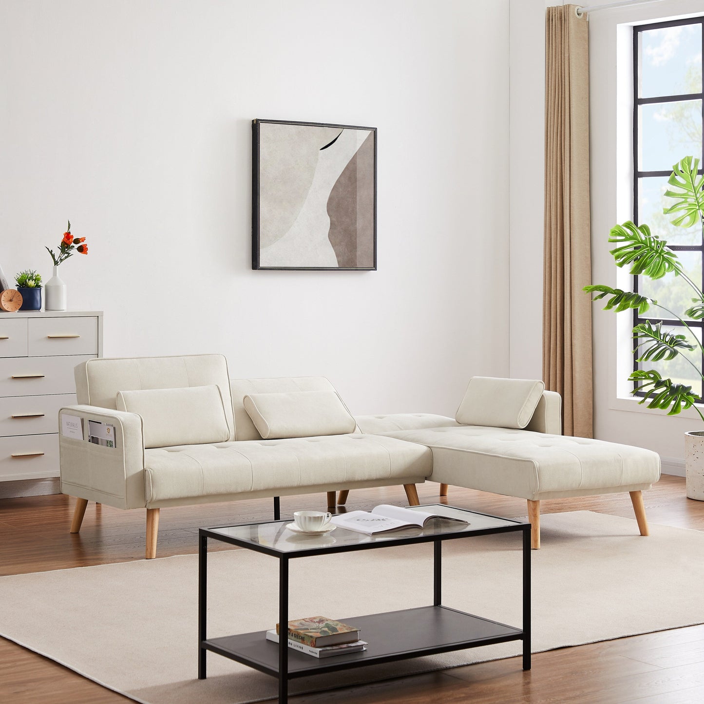 White 94.5'' Linen Sectional Sofa with Right Chaise, Foam Cushions, and Storage Pocket