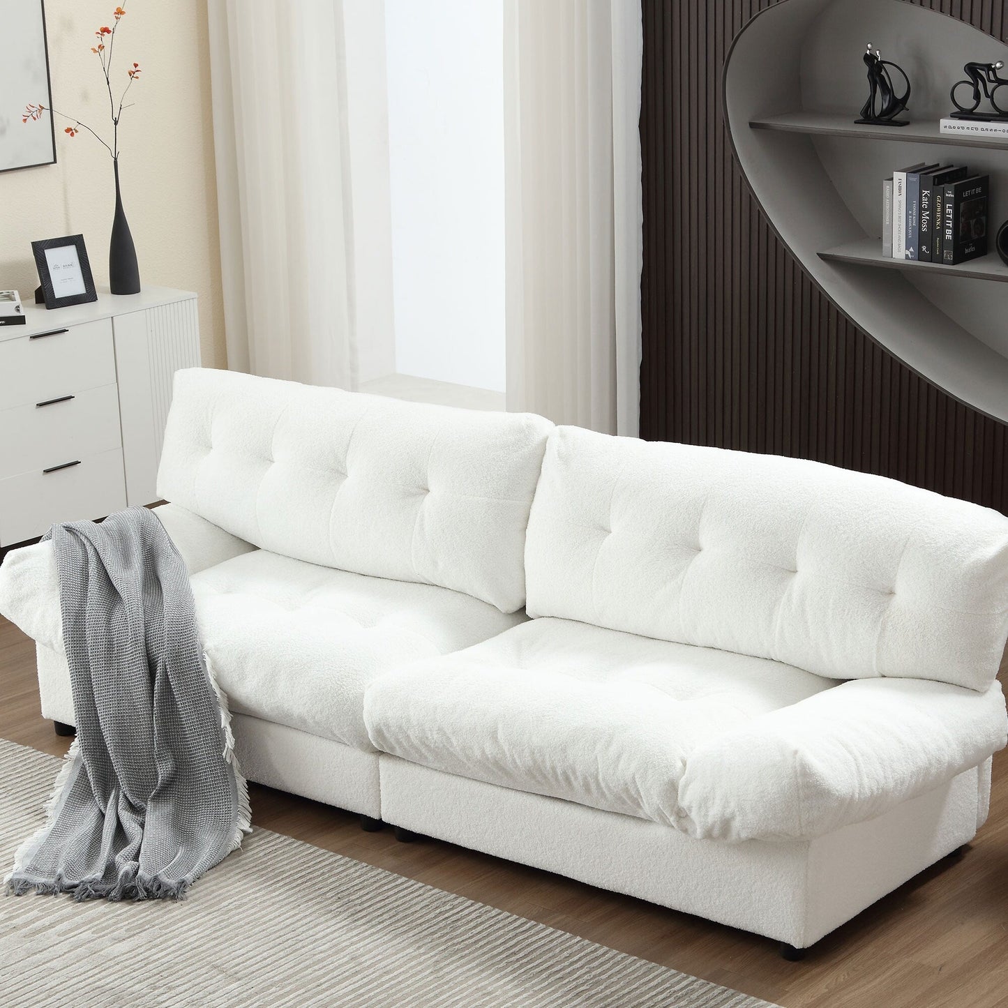 White 96.46'' Fabric 2-Seater Sofa with Button Tufting, Comfy Frame