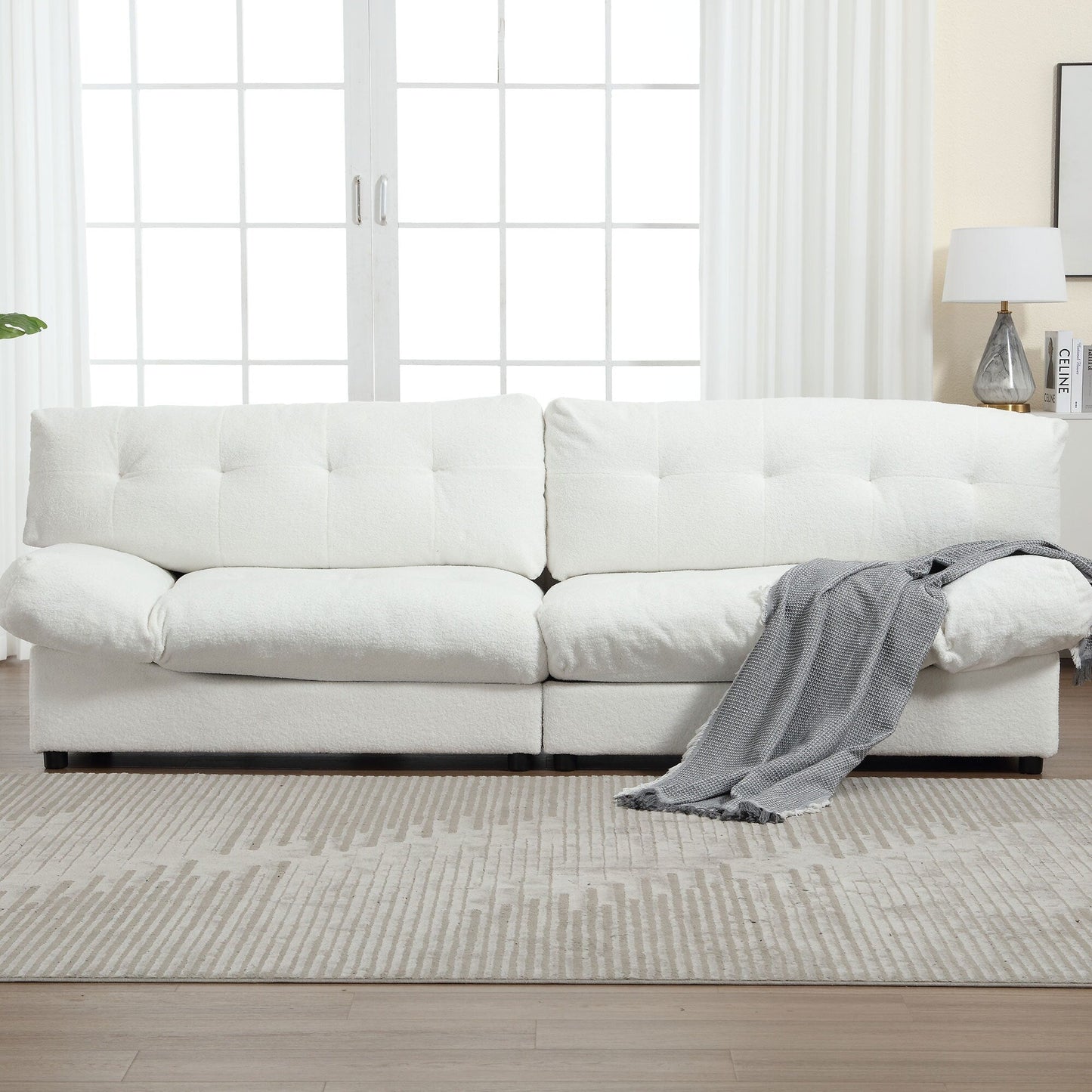 White 96.46'' Fabric 2 Seater Sofa with Button Tufting, Comfy and Sturdy Frame for Living Room and Apartment
