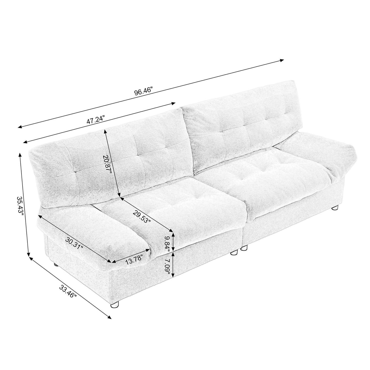White 96.46'' Fabric 2 Seater Sofa with Button Tufting, Comfy and Sturdy Frame for Living Room and Apartment