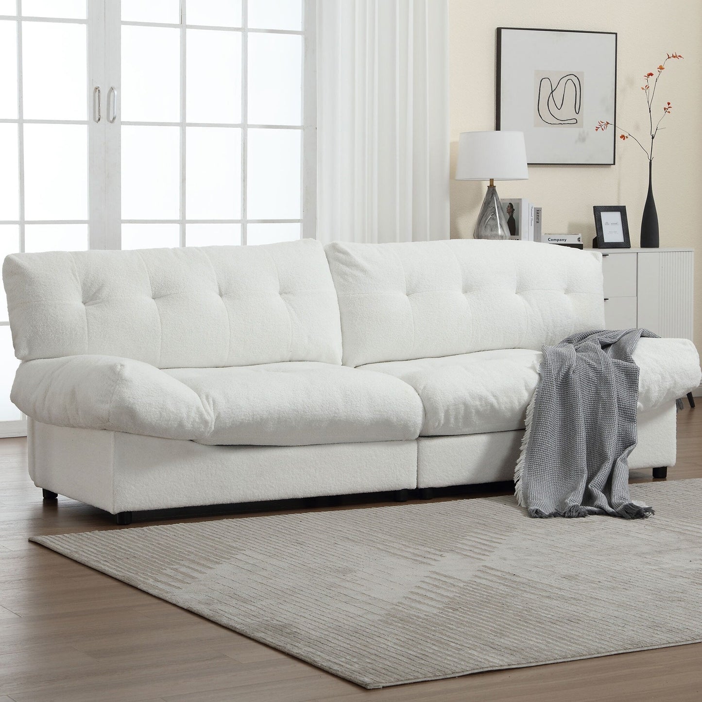 White 96.46'' Fabric 2 Seater Sofa with Button Tufting, Comfy and Sturdy Frame for Living Room and Apartment