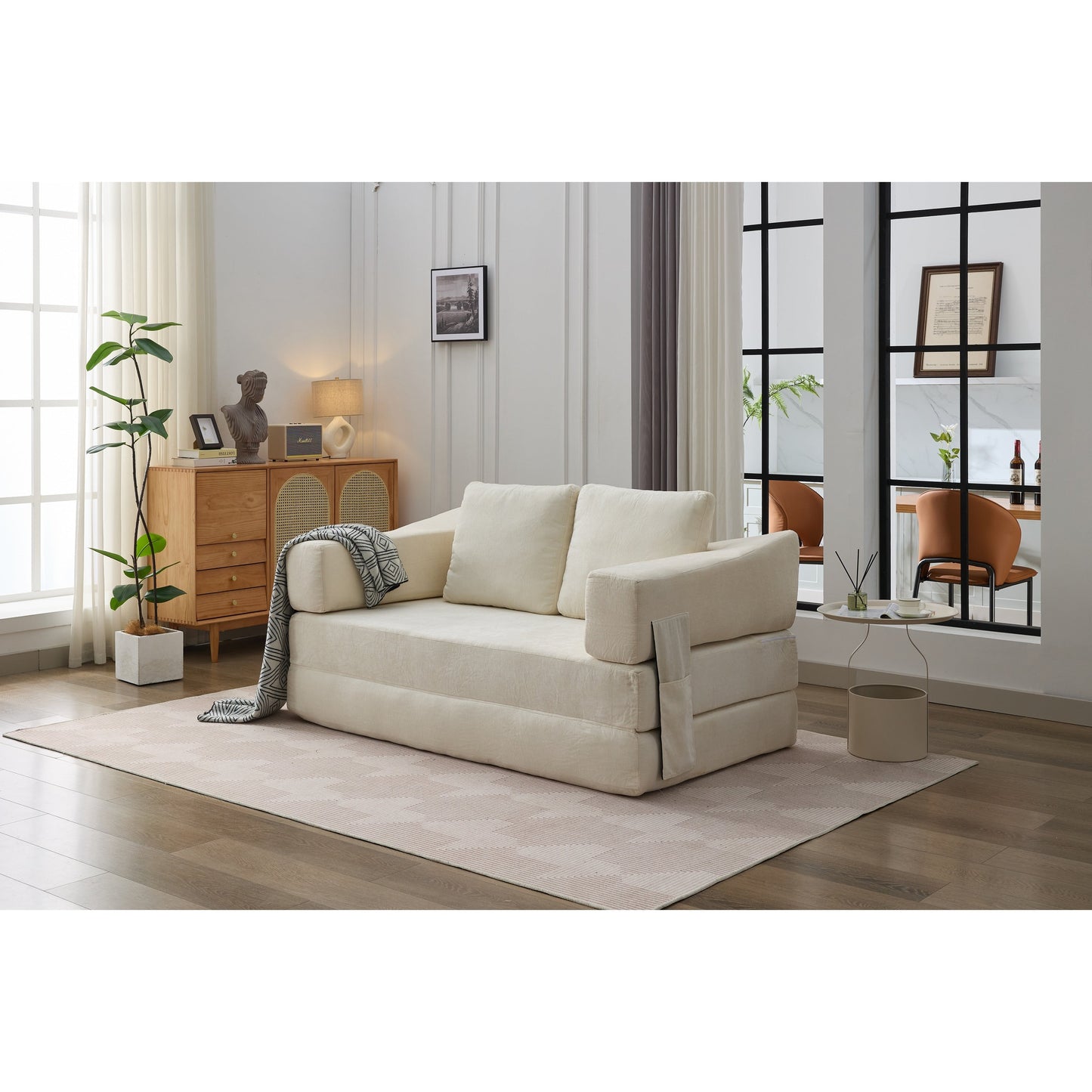 White Chenille Loveseat Fold-Out Floor Sofa Bed
