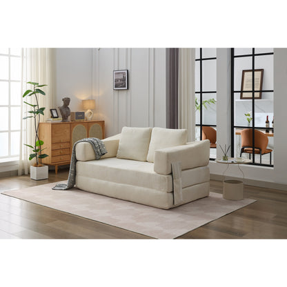 White Chenille Loveseat Fold-Out Floor Sofa Bed