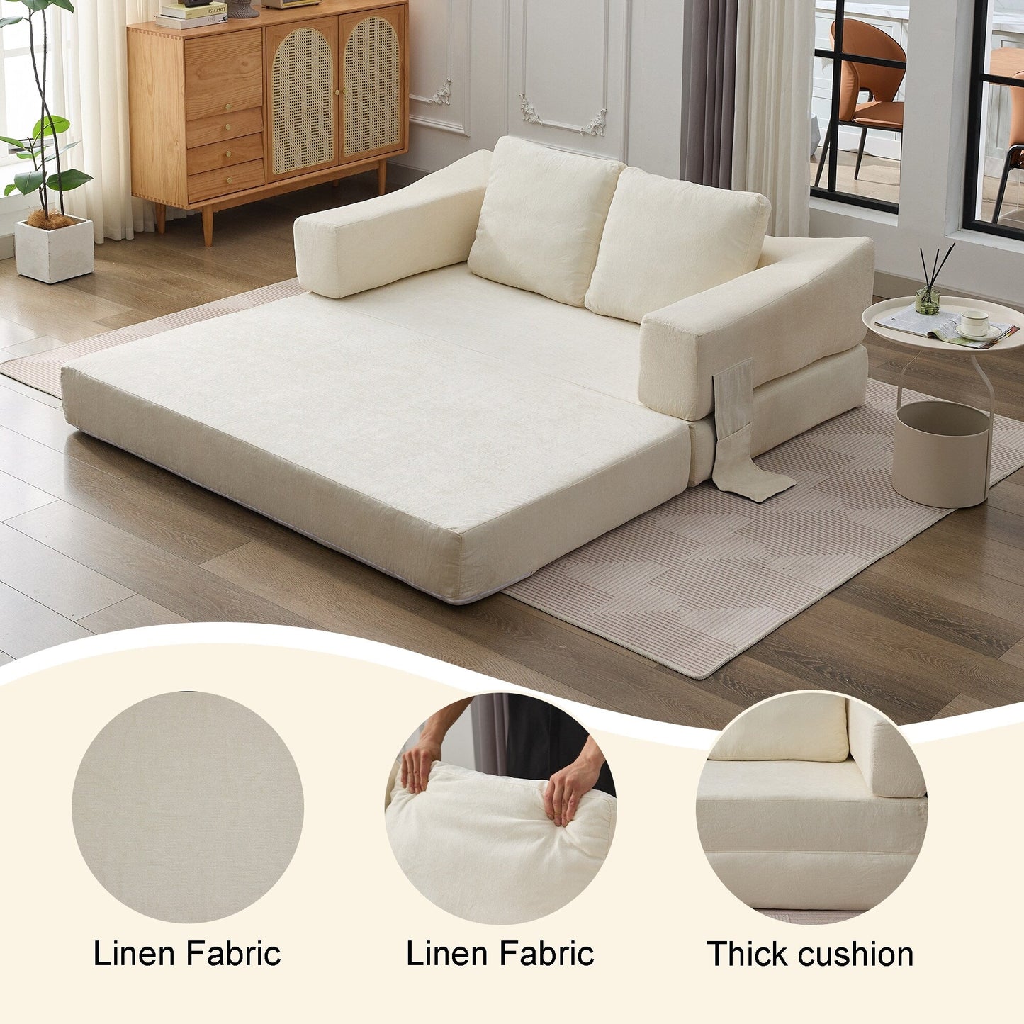 White Chenille Loveseat Fold-Out Floor Sofa Bed