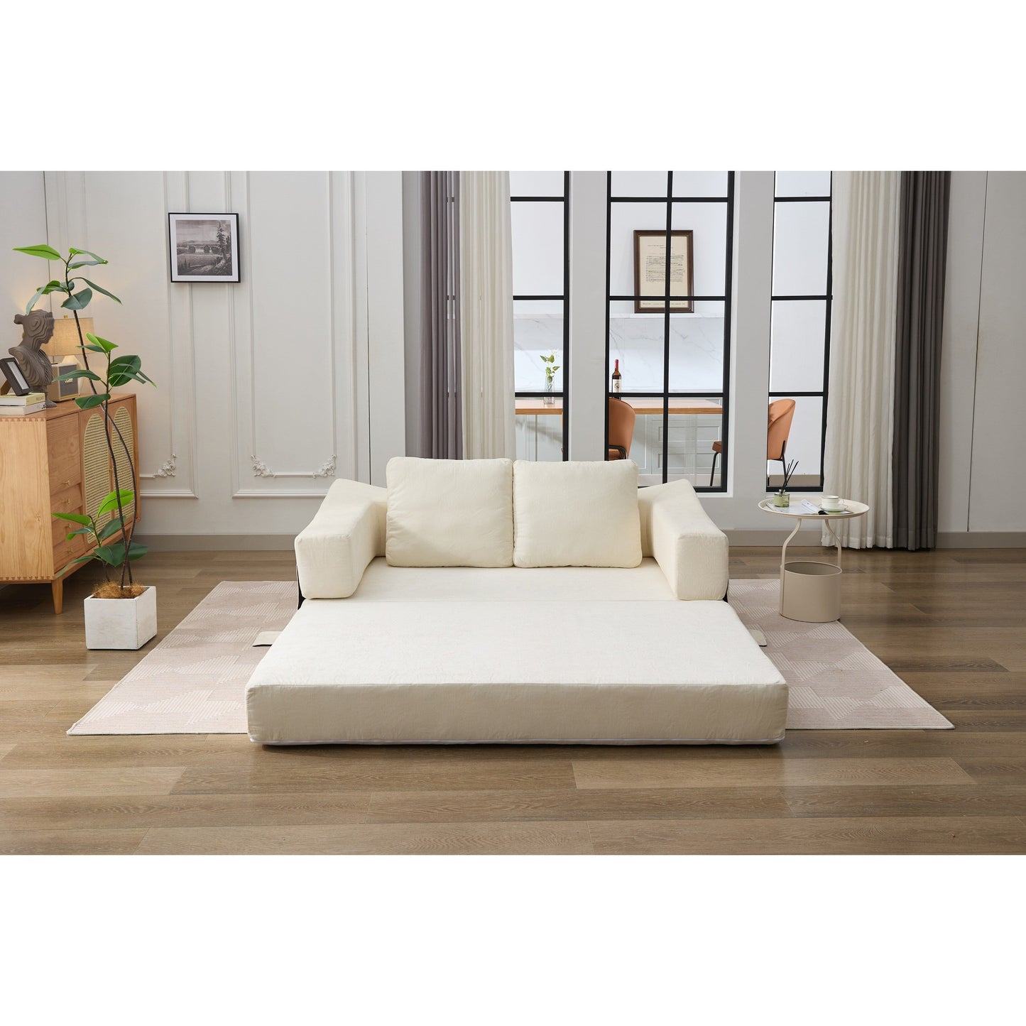 White Chenille Loveseat Fold-Out Floor Sofa Bed