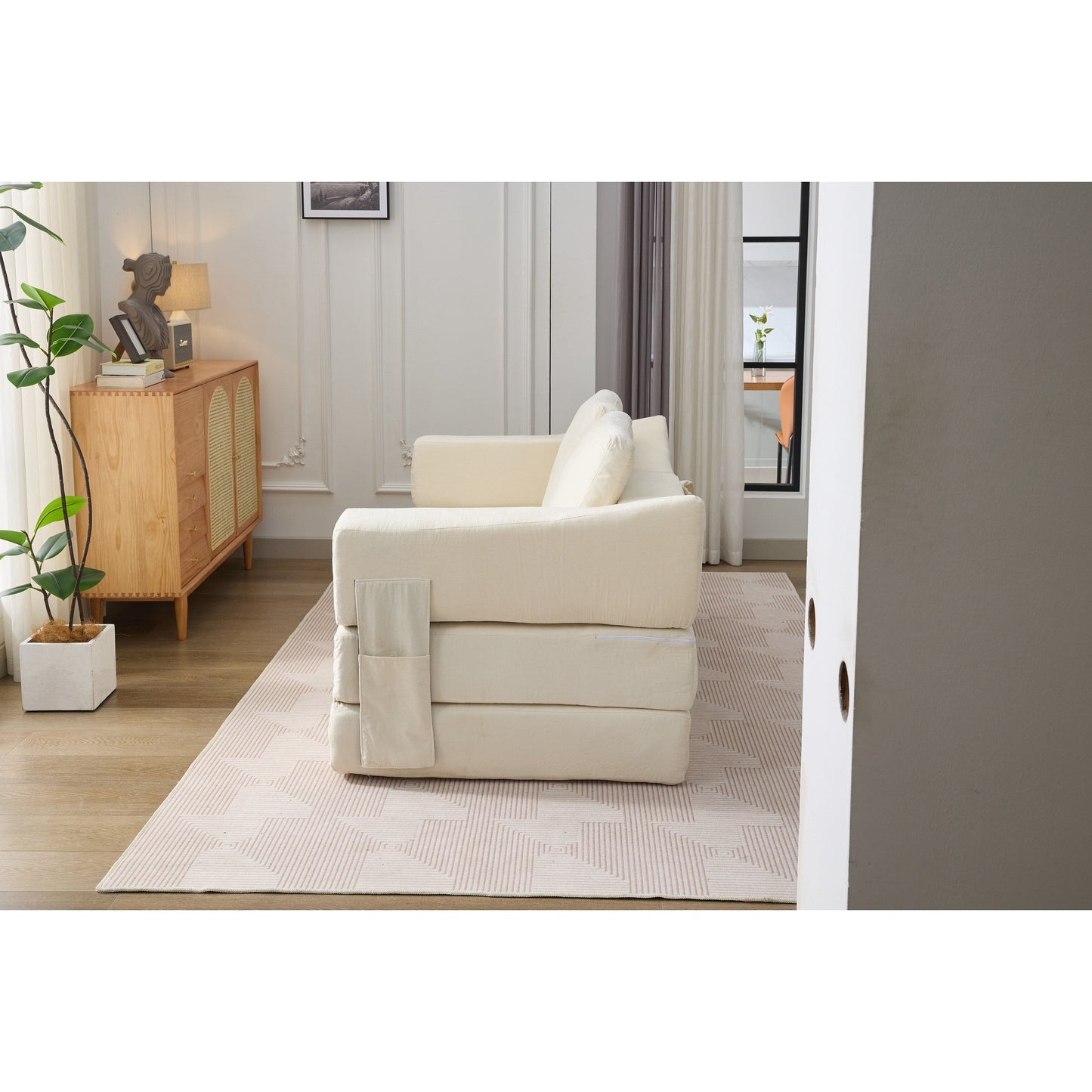 White Chenille Loveseat Fold-Out Floor Sofa Bed