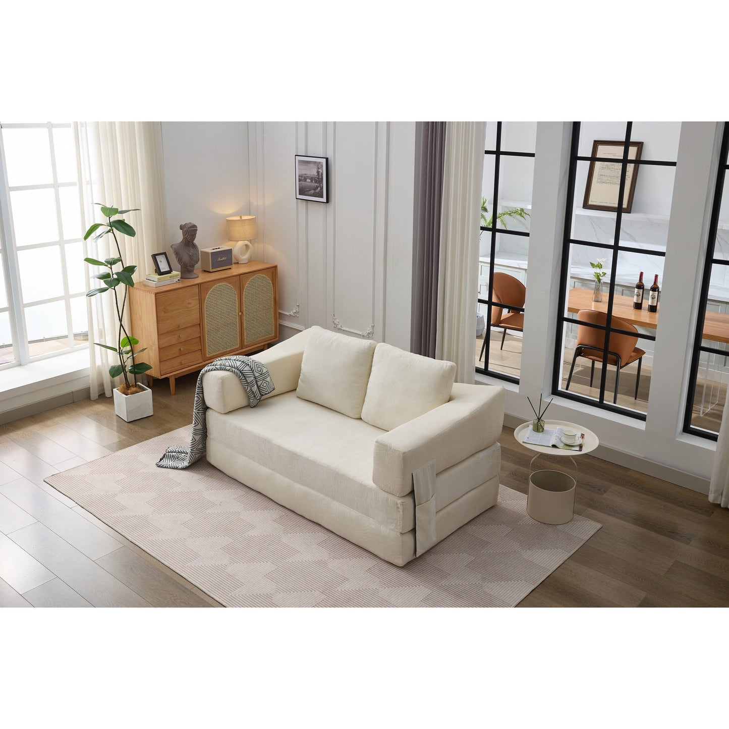 White Chenille Loveseat Fold-Out Floor Sofa Bed