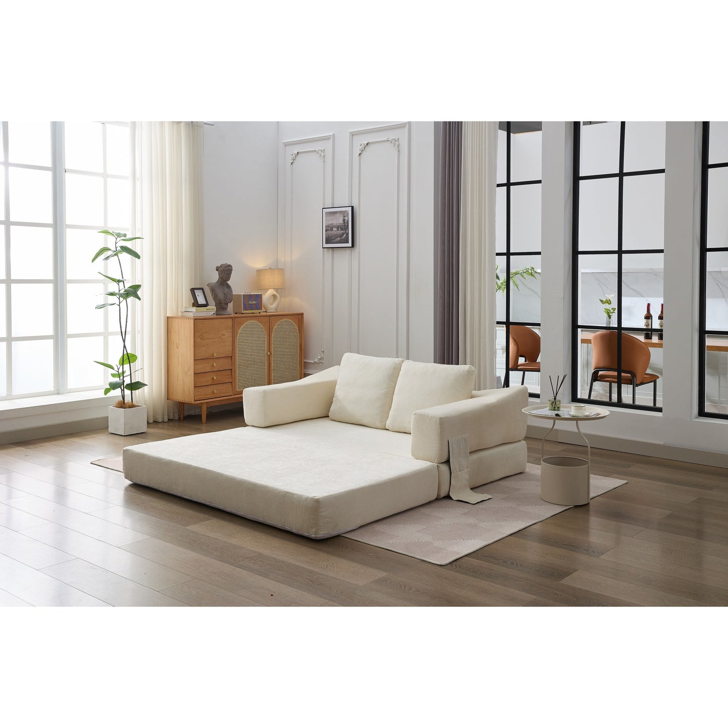 White Chenille Loveseat Fold-Out Floor Sofa Bed