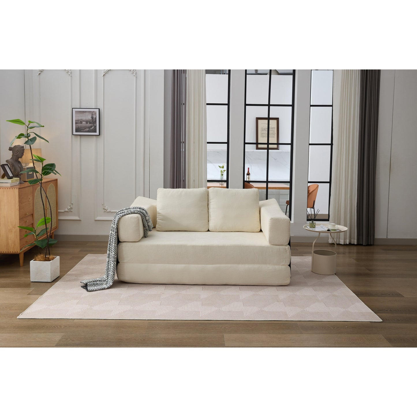 White Chenille Loveseat Fold-Out Floor Sofa Bed