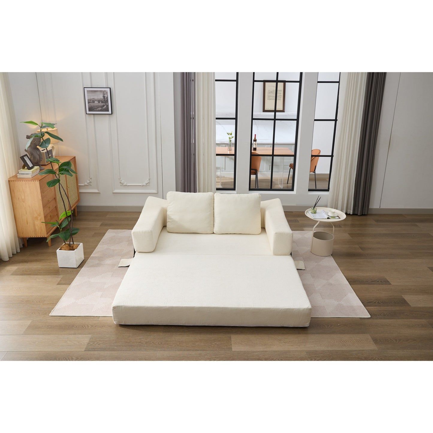 White Chenille Loveseat Fold-Out Floor Sofa Bed