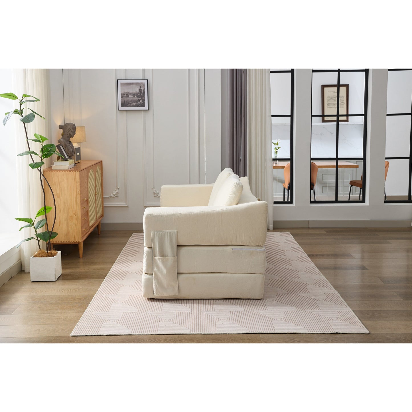 White Chenille Loveseat Fold-Out Floor Sofa Bed