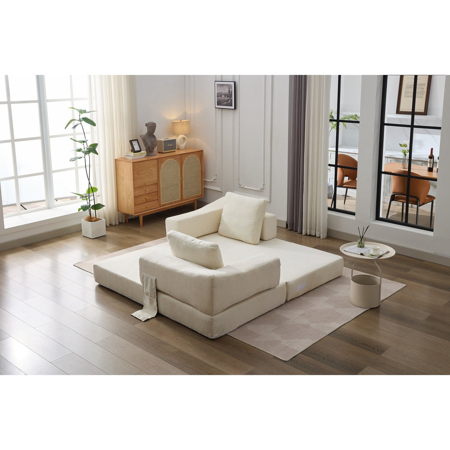 White Chenille Loveseat Fold-Out Floor Sofa Bed