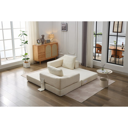 White Chenille Loveseat Fold-Out Floor Sofa Bed