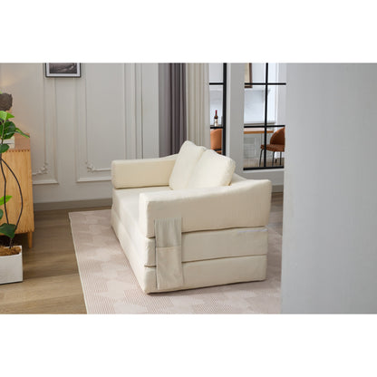 White Chenille Loveseat Fold-Out Floor Sofa Bed