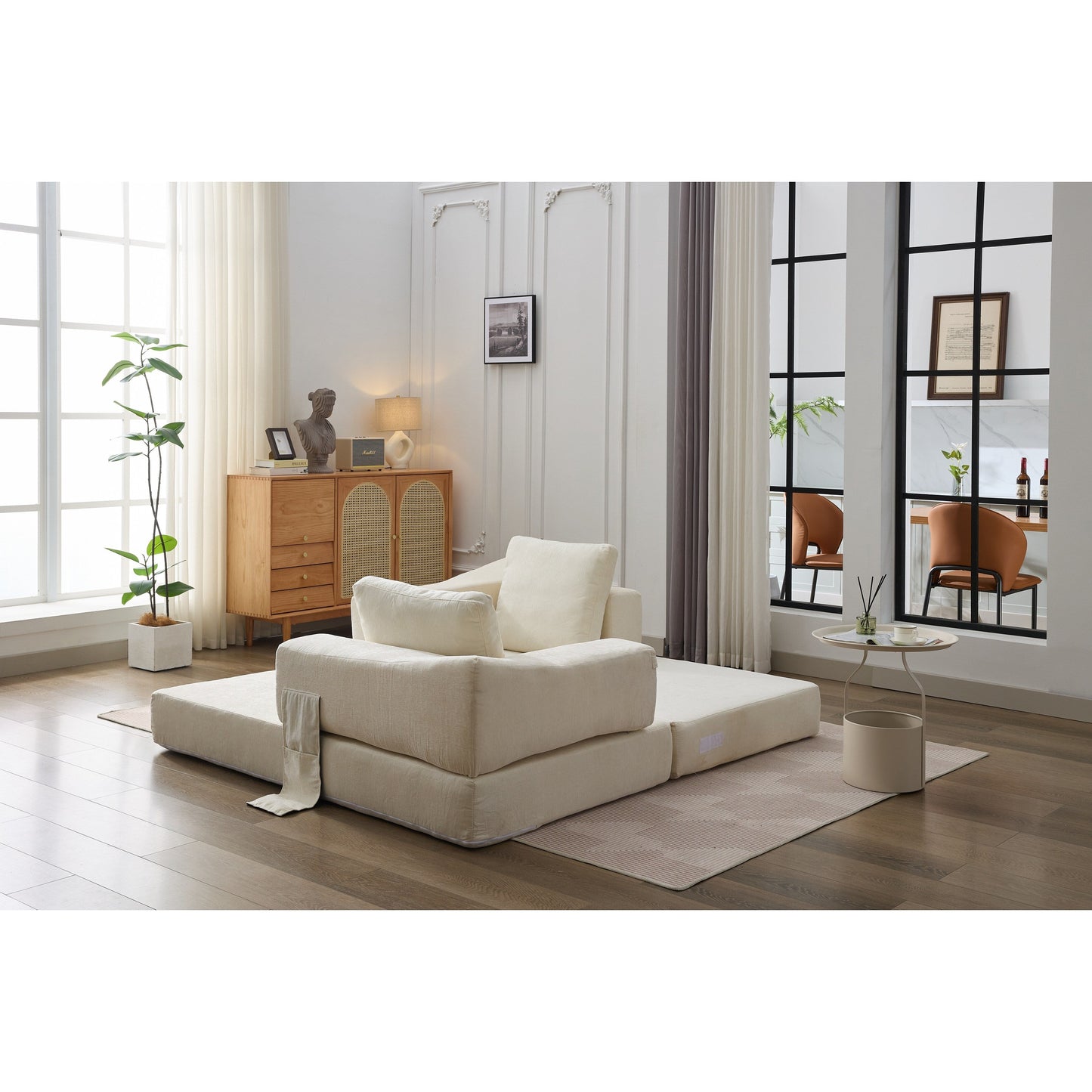 White Chenille Loveseat Fold-Out Floor Sofa Bed