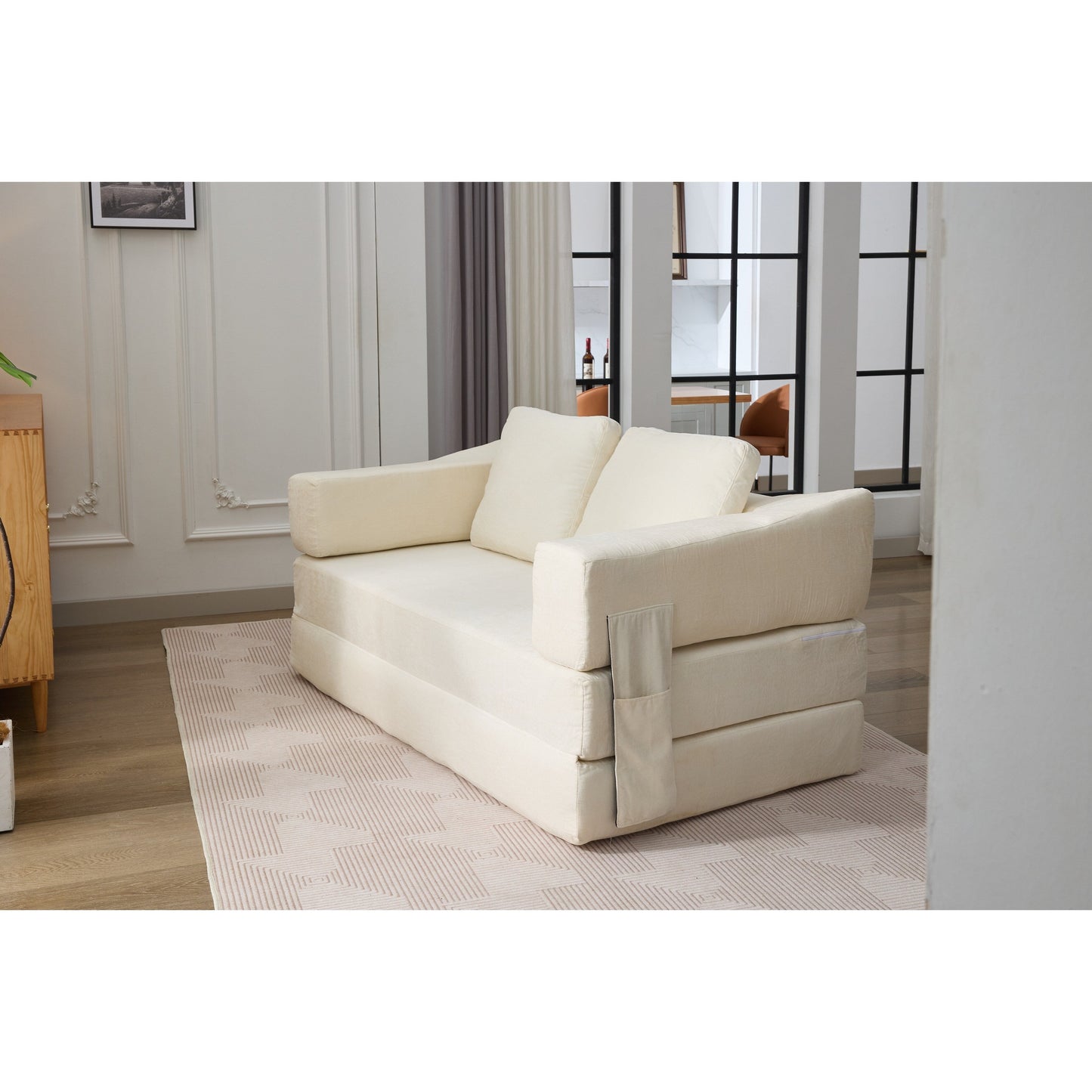 White Chenille Loveseat Fold-Out Floor Sofa Bed