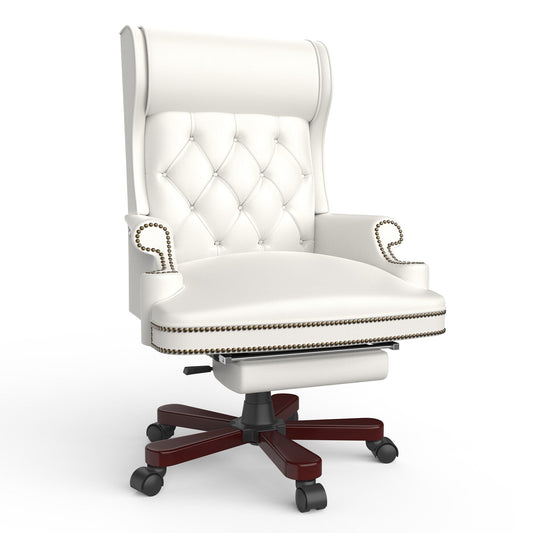 White Ergonomic PU Leather Swivel Office Recliner with Footrest, Button-tufted Backrest, Nailhead Decoration