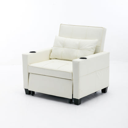 White Faux Leather Convertible Sofa Bed with USB Ports