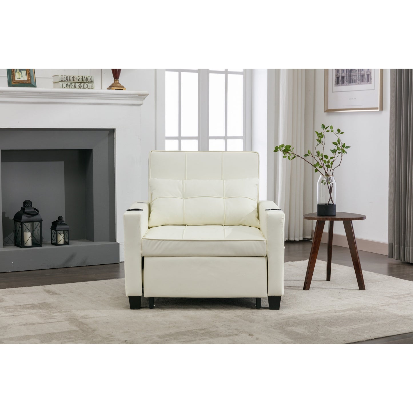 White Faux Leather Convertible Sofa Bed with USB Ports
