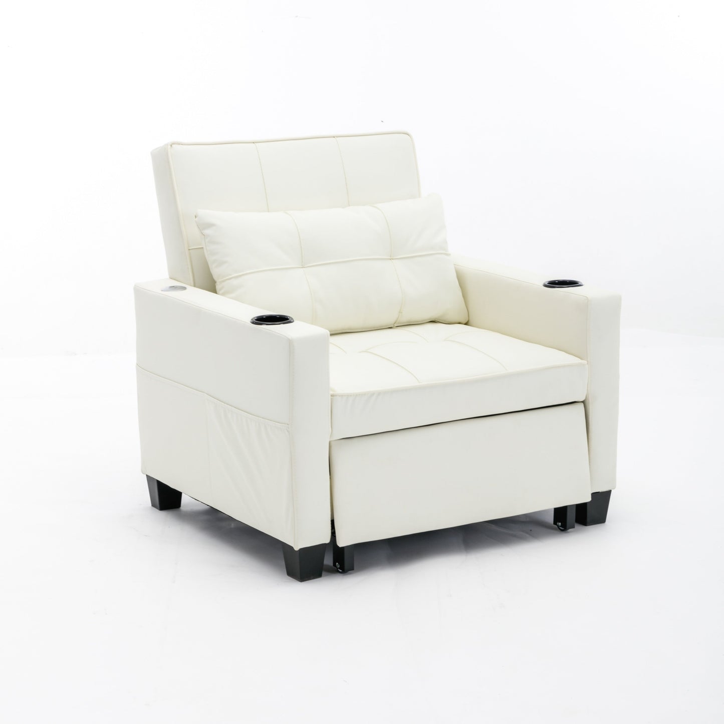 White Faux Leather Convertible Sofa Bed with USB Ports