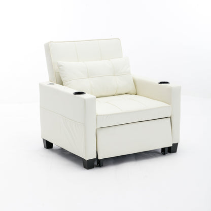 White Faux Leather Convertible Sofa Bed with USB Ports