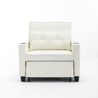 White Faux Leather Convertible Sofa Bed with USB Ports