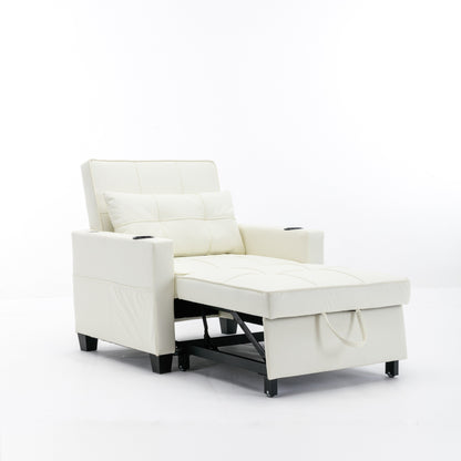 White Faux Leather Convertible Sofa Bed with USB Ports
