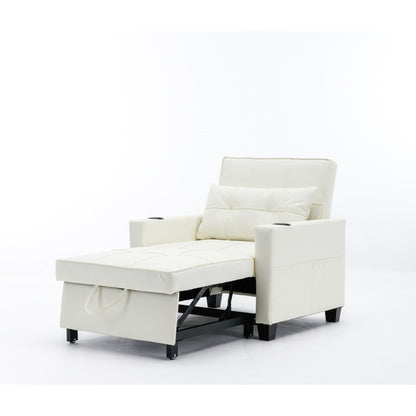 White Faux Leather Convertible Sofa Bed with USB Ports