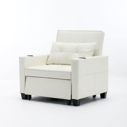 White Faux Leather Convertible Sofa Bed with USB Ports